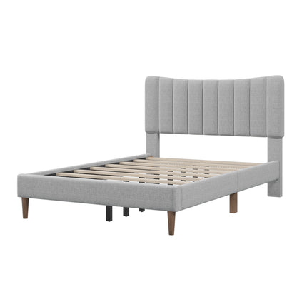 Upholstered Platform Bed Frame with Vertical Channel Tufted Headboard; No Box Spring Needed; Full; Gray