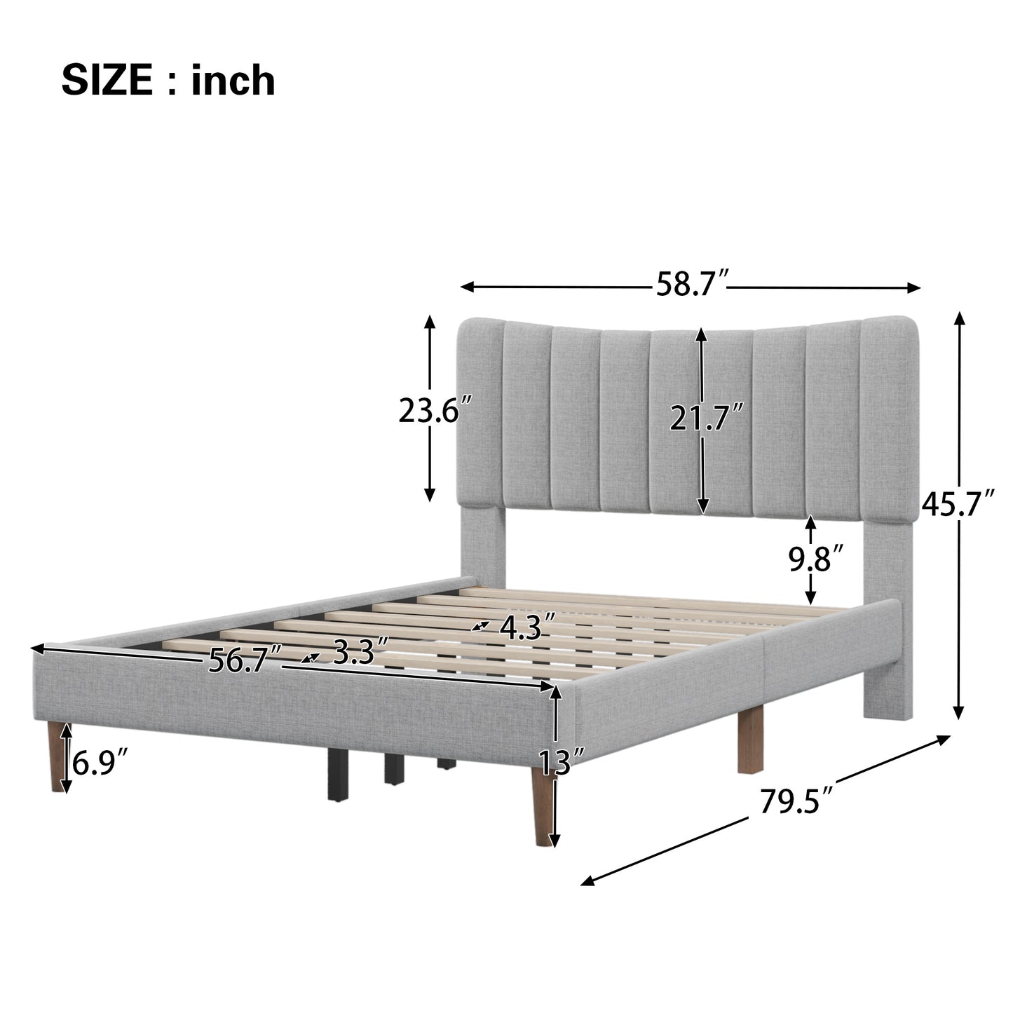 Upholstered Platform Bed Frame with Vertical Channel Tufted Headboard; No Box Spring Needed; Full; Gray