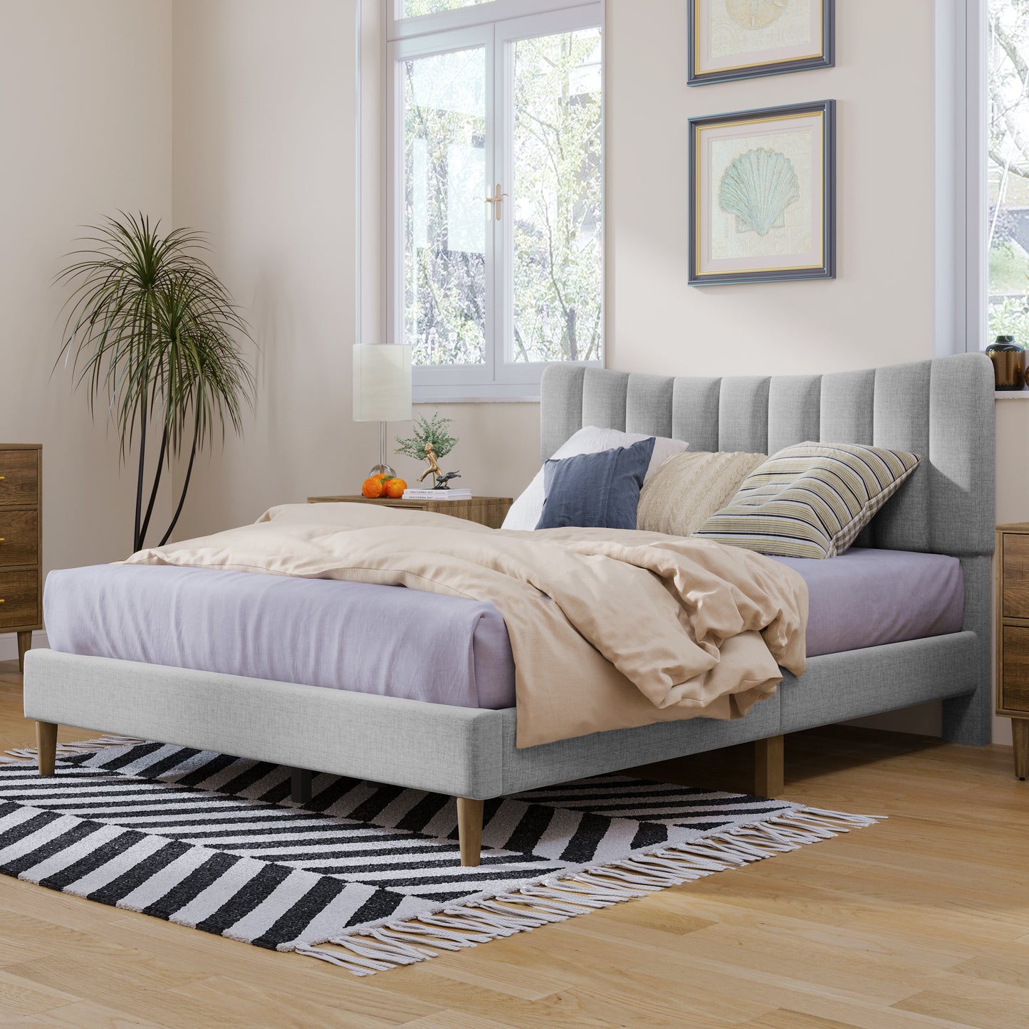 Upholstered Platform Bed Frame with Vertical Channel Tufted Headboard; No Box Spring Needed; Full; Gray